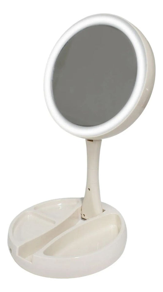 Espejo de Maquillaje LED Doble Cara Plegable con Aumento 10X | Luminosa Plegable